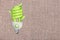 Green energy innovative light bulb on a background of linen fabric. The concept of sustainable development through alternative