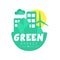 Green energy logo original design template. Eco-friendly clean city concept with buildings, trees and windmill. Flat