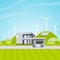 Green energy renewable eco house.Solar, wind power. Alternative power eco friendly. Electric car parked near house. Vector concept