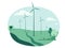 Green energy resource vector illustration. Nature landscape with rotation windmills, wind turbines, field, trees, sky and cloud.