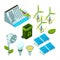 Green energy. Saving factory power electric hydro turbines ecosystem various technology 3d isometric vector symbols