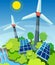 Green energy. Solar panels, wind generators and hydroelectric station. Eco friendly technology