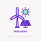 Green energy: solar panels and wind turbine thin line icon. Modern vector illustration