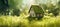Green and environmentally friendly housing concept, nature forest background - Miniature wooden house home in grass, moss and, AI
