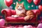 Green-eyed cat lies on the sofa among a festive heart shaped balloons