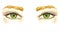 Green eyes with natural soft makeup, soft pastel eyeshadows, mascara, brown eyebrows, hand painted watercolor fashion illustration