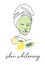 Green face mask with cucumber and lemon. Skin whitening vector illustration. Face line art, one line drawing