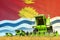 Green farm agricultural combine harvester on field with Kiribati flag background, food industry concept - industrial 3D