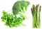 Green farm vegetables, arugula, broccoli, asparagus on white background