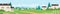 Green farm wide panorama landscape land at summer vector illustration. Cartoon rural nature landscape summer or spring