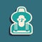 Green Farmer in the hat icon isolated on green background. Long shadow style. Vector