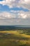 Green farmlands and crop fields on a sunny day near Siem Reap, Cambodia. Aerial view.