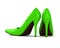 Green fashionable high-heeled shoes on white background