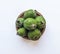 Green feijoa fruits in a cork plate isolated on a white background. Tropical fruit feijoa. Set of ripe feijoa fruits. the view