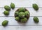 Green feijoa fruits in a cork plate on a light white wooden table. Tropical fruit feijoa. Set of ripe feijoa fruits. the view from