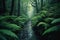 green fern-filled forest with small stream