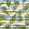 Green fern frond overlapping pink blue stripes geometric botanical seamless pattern vector design.