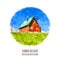 Green field, mountain and house, vector watercolor illustration.