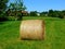 Green field with one round hay roll