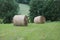 On green field the rolls of cut grass are dried for the cattle for the winter