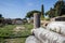 Green field with trees with ancient Roman columns arranged in rows. Old ruins in ancient Ostia