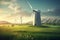 green field with wind turbine energy generator ai generated