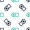 Green Film reel and play video movie film icon isolated seamless pattern on white background. Vector