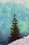 Green fir tree on abstract emerald oil paint texture on canvas, background art