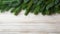 Green fir tree, Christmas tree brunches on wooden background with copyspace