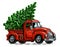 Green fir tree on red retro pickup truck. Merry Christmas and Happy New Year. Vector illustration