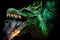 Green fire breathing dragon on black background,a fabulous green dragon, breathing flames from its mouth, Generative AI