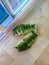 Green fish shaped slippers on a wooden floor. Unique sandals