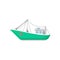 Green fishing boat with trawl net and lifebuoy. Ship for industrial seafood production. Flat vector icon of commercial