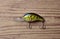 Green fishing lure with two fishing hooks isolated on wooden background