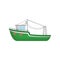 Green fishing trawler. Ship for industrial seafood production. Big boat with lifebuoys. Flat vector icon of marine