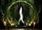 Green Flame of Archangel Raphael in a mystic portal made of roots, candles and moss, embedded in a mysterious jungle.
