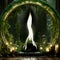 Green Flame of Archangel Raphael in a mystic portal made of roots, candles and moss, embedded in a mysterious jungle.