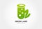 Green flask with leaves, lab icon. Vector logo design template