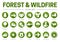 Green Flat Forest & Wildfire Round Icon Set with Fire, Pine, Cabin, Wildlife, Helicopter, Rain, Weather, Firefighter, Wild Animal