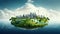 Green floating island with cityscape and windmills, ecological green energy