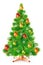 Green fluffy Christmas tree with colorful balls, snowflakes and garlands