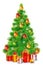 Green fluffy Christmas tree with colorful balls, snowflakes and garlands. Under the tree are Christmas gifts