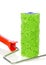 A green fluffy paint roller and handle