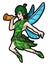 Green and Flying Fairy Wearing Leaves and Holding a Horn, Vector Illustration