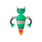Green flying robot with jet engine. Futuristic steel android. Flat vector for poster of toy store or video game