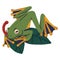 Green flying tree frog sits on leaves. Rainforest froggy show long tongue. Small toad with webbed paws. Amphibian animal