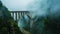 Green foggy mountains, river, very high arch retro bridge. Architecture and nature. Mystery landscape. Generative AI