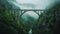 Green foggy mountains, river, very high arch retro bridge. Architecture and nature. Mystery landscape. Generative AI