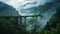 Green foggy mountains, river, very high arch retro bridge. Architecture and nature. Mystery landscape. Generative AI