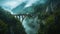 Green foggy mountains, river, very high arch retro bridge. Architecture and nature. Mystery landscape. Generative AI